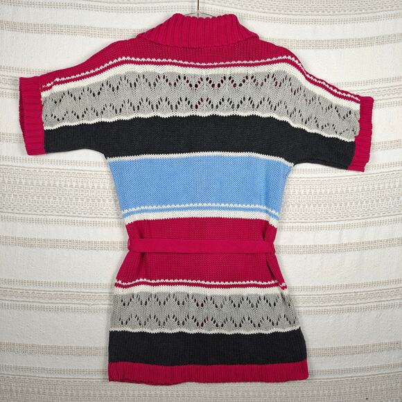 Striped Short Sleeve Button Up Belted Sweater Cardigan Women’s Size S/M NEW - Picture 2 of 5
